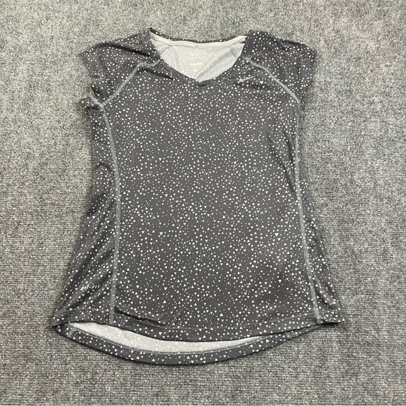 NIKE Women’s Dri-Fit Running V-Neck Athletic T-Shirt black/white pattern Small - Picture 1 of 8